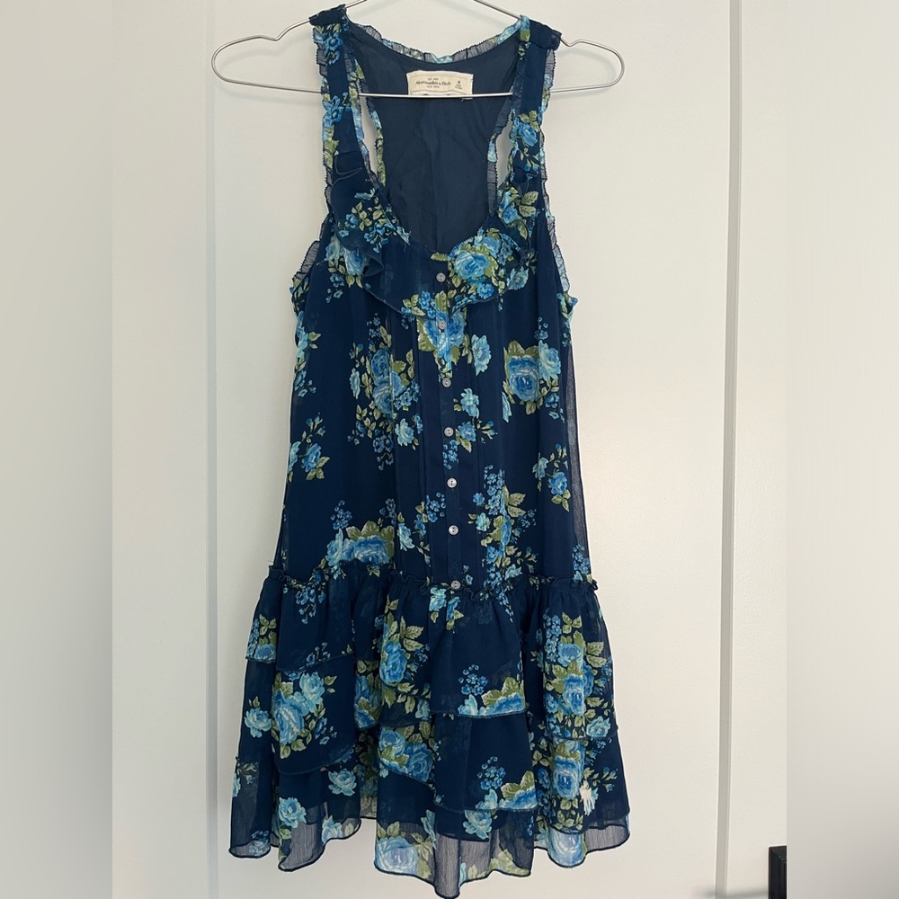 Abercrombie & Fitch Tiered Sun Dress Floral Navy Blue Lined Size M